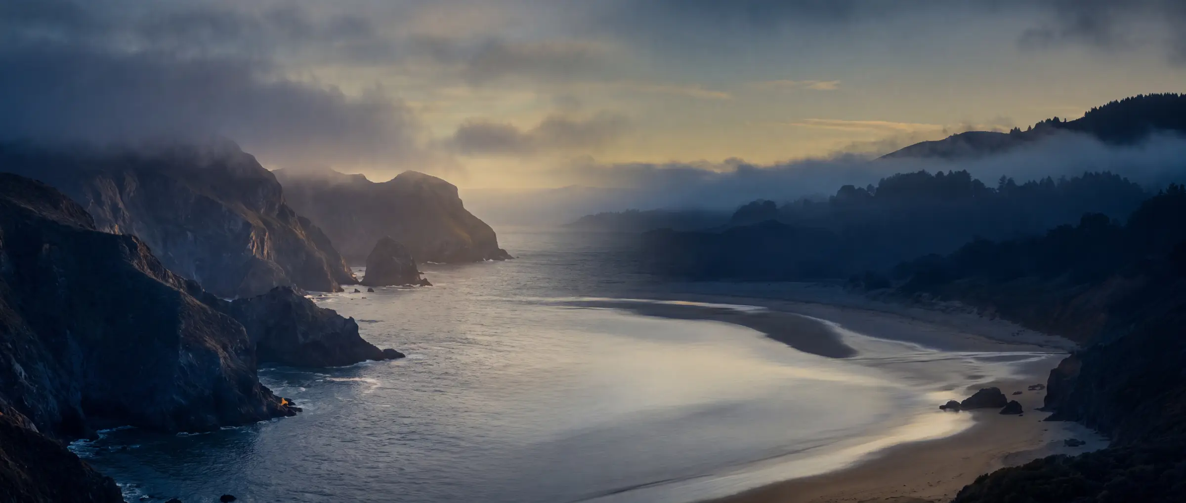 A misty Northern California cove at first light