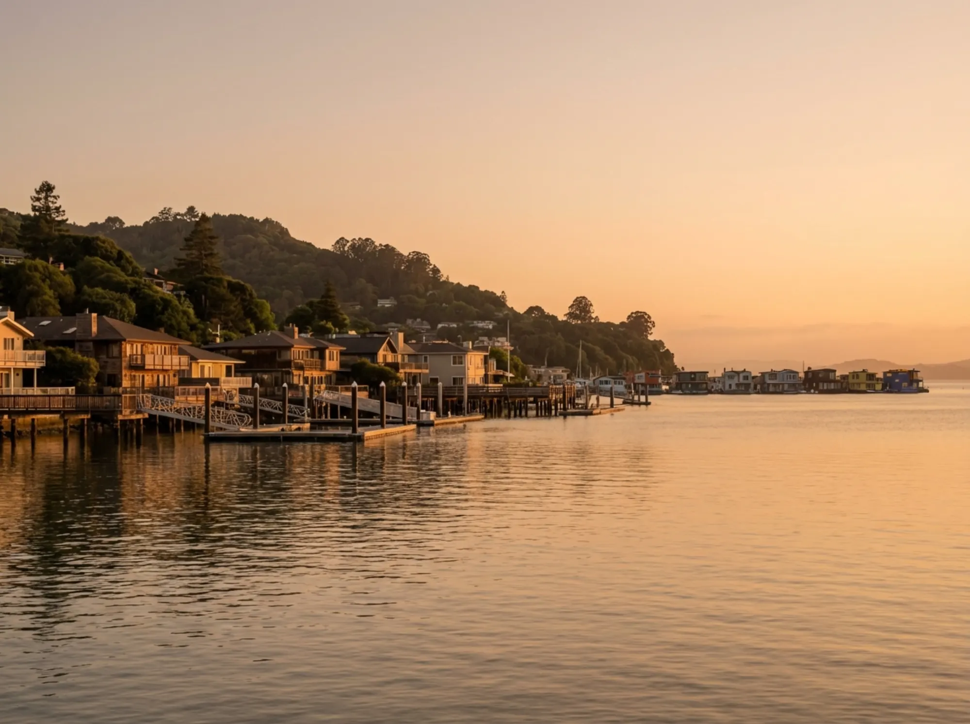 The Sausalito waterfront at golden hour